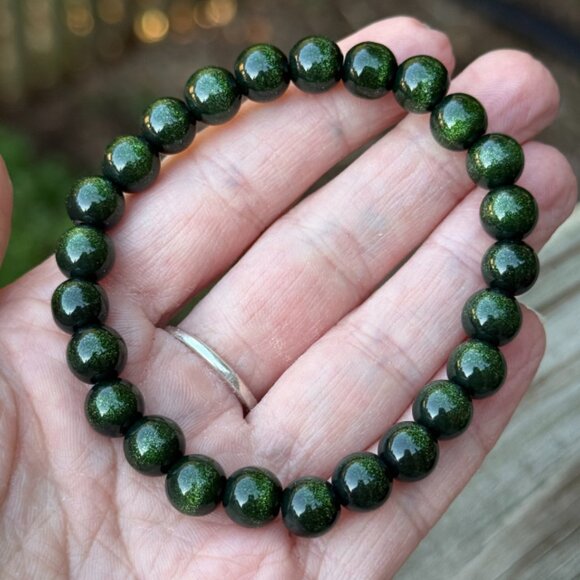 Green Golden Glass Beaded Unisex Bracelet 8MM Stretchy Handmade Jewelry - Picture 4 of 9